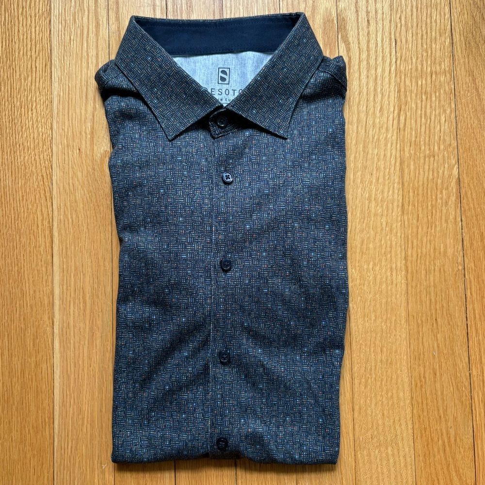 Desoto Men’s Long Sleeve Button Down Shirt Large Blue Green Unique Pattern